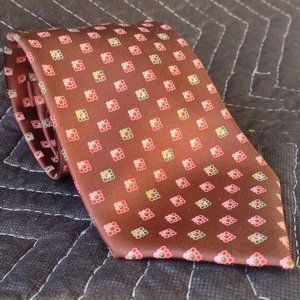 Brioni Neck Tie - Hand Made in Italy - 100% Silk - Brown w Pink & Green Pattern